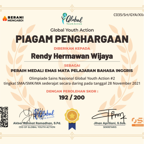 Rendy Hermawan Wijaya Sabet Medali Emas dalam Olimpiade Sains Nasional Global Youth Action