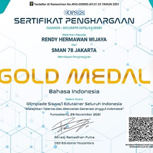 Rendy Hermawan Wijaya Raih Juara 1 dan Medali Emas dalam Olimpiade Bahasa Indonesia